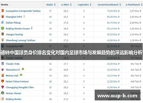 德转中国球员身价排名变化对国内足球市场与发展趋势的深远影响分析
